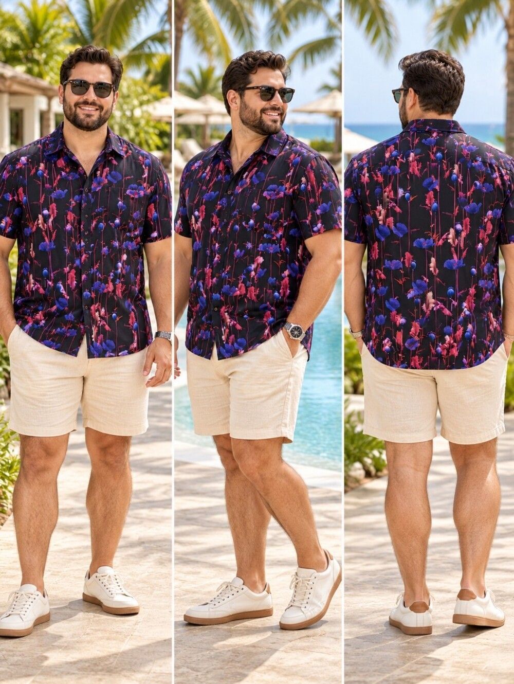 Retro Rifle Men's Black Blue Pink Poppy Floral Short Sleeve Button Down Shirt